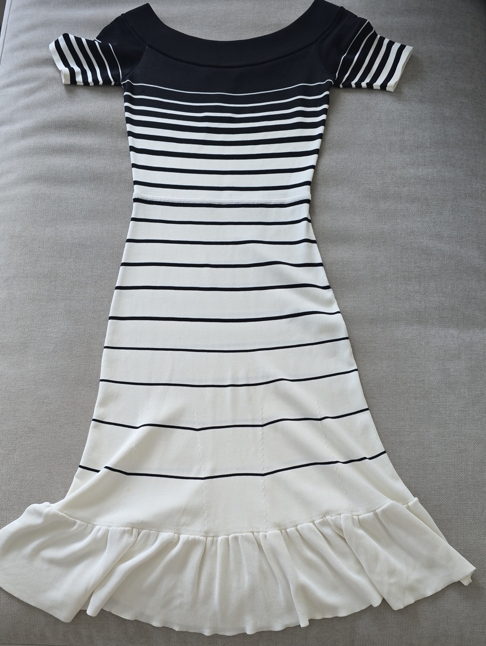 BCBGMaxAzria Black and White Off-Shoulder Striped Maxi Dress